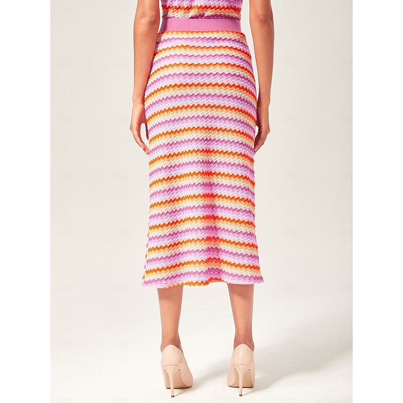 Orange Knitted Stretch Color Block Skirt4