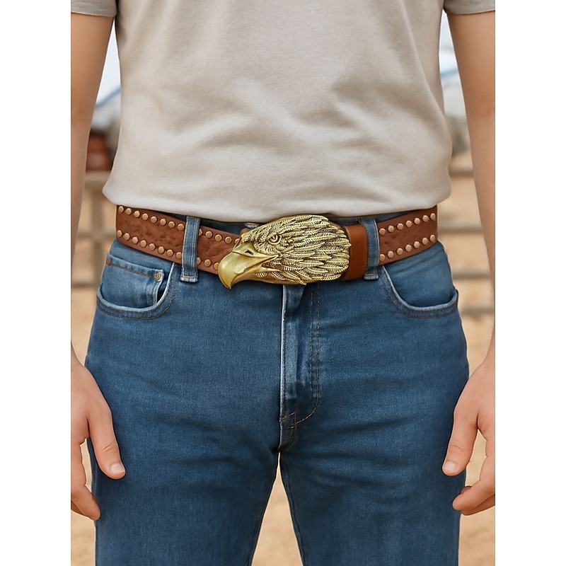 Men's Eagle Head Buckle Western Belt – Vintage Embossed Faux Leather Belt with Stud Details for Cowboys, Outdoor Events and Country Style3