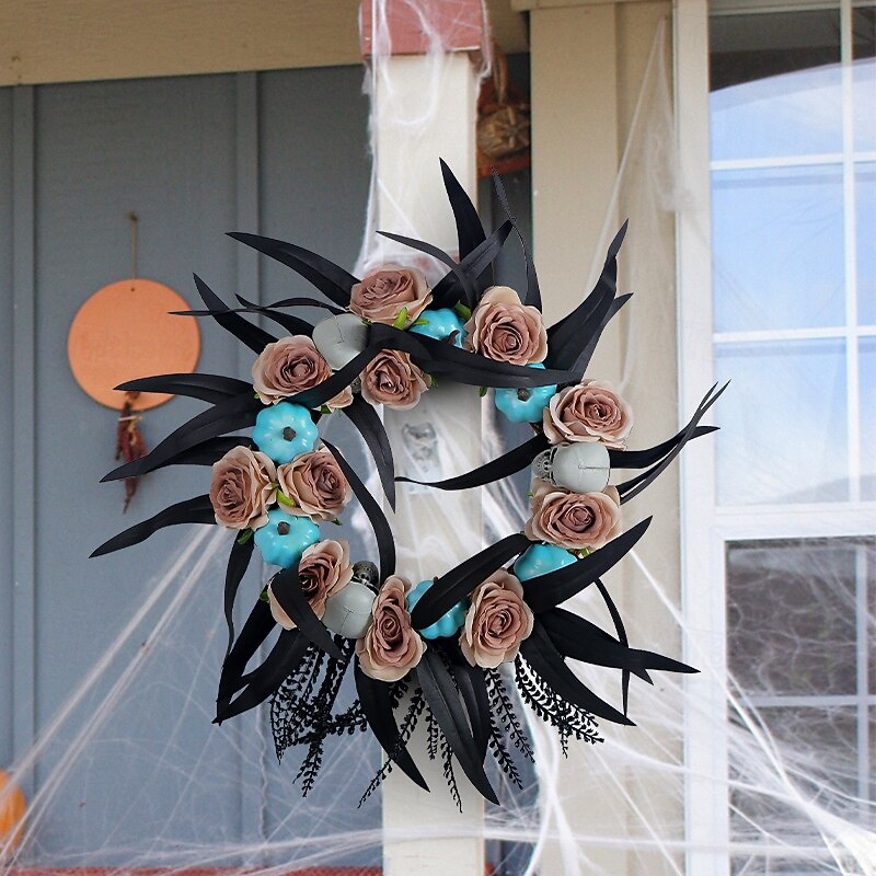 Halloween Wreath for Front Door Indoor Outdoor Decoration, Pumpkin Skull Vine Wreath Wall Hanging, Spooky Halloween Party Prop Festival Decor for Home Door Window
