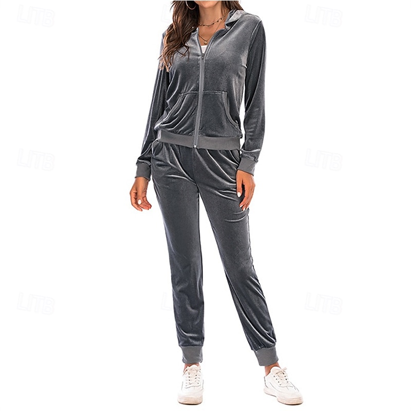 Women's Tracksuit Sweatpants Hooded Jacket Zipper Pocket Solid Colored Clothing Suit Fall Black Burgundy Velour Gym Workout Sports Windproof Long Sleeve Sport Activewear Micro-elastic Regular Fit2