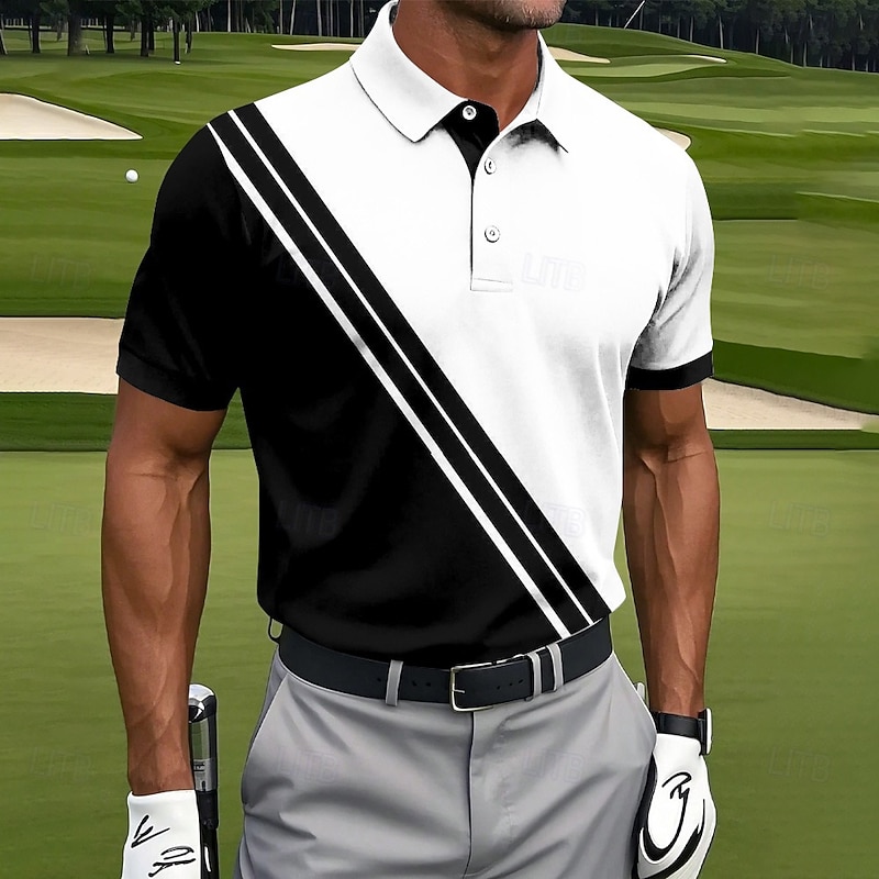 Men's Color Block Sports Polo Shirts Short Sleeve Polo Shirts Collared Shirts Sportswear Casual Athleisure Buttons Summer Black-white