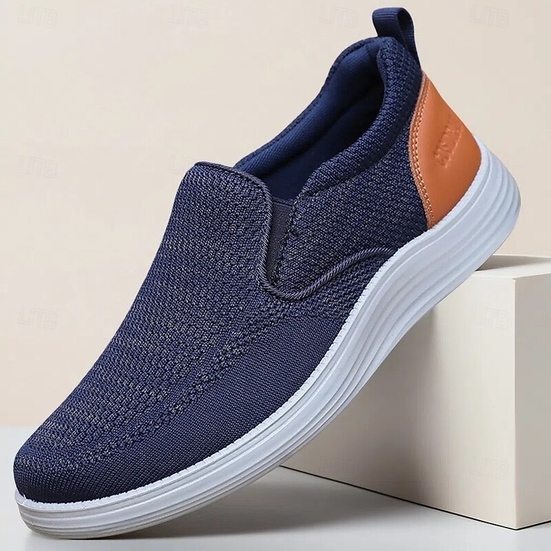 Men's Navy Knit Slip-On Sneakers – Breathable Stretch Fabric with Contrast Heel, Ultra-Light Comfort for Walking, Travel and Daily Wear