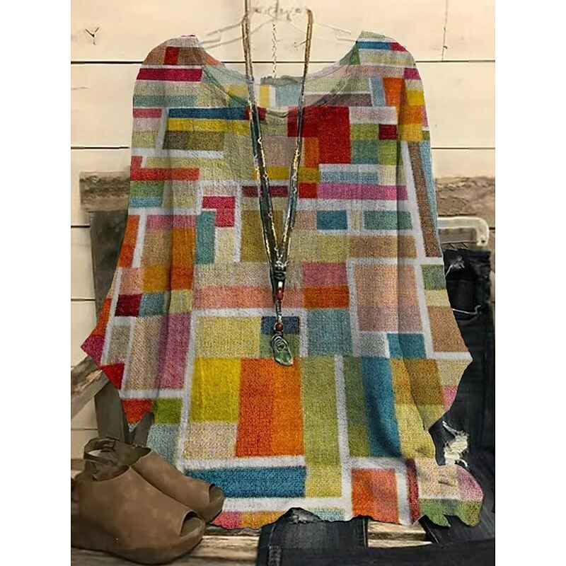 Women's Shirt Plaid Stylish 3/4 Length Sleeve Crew Neck Regular Tops Daily Holiday Print Blue Purple Green Summer3