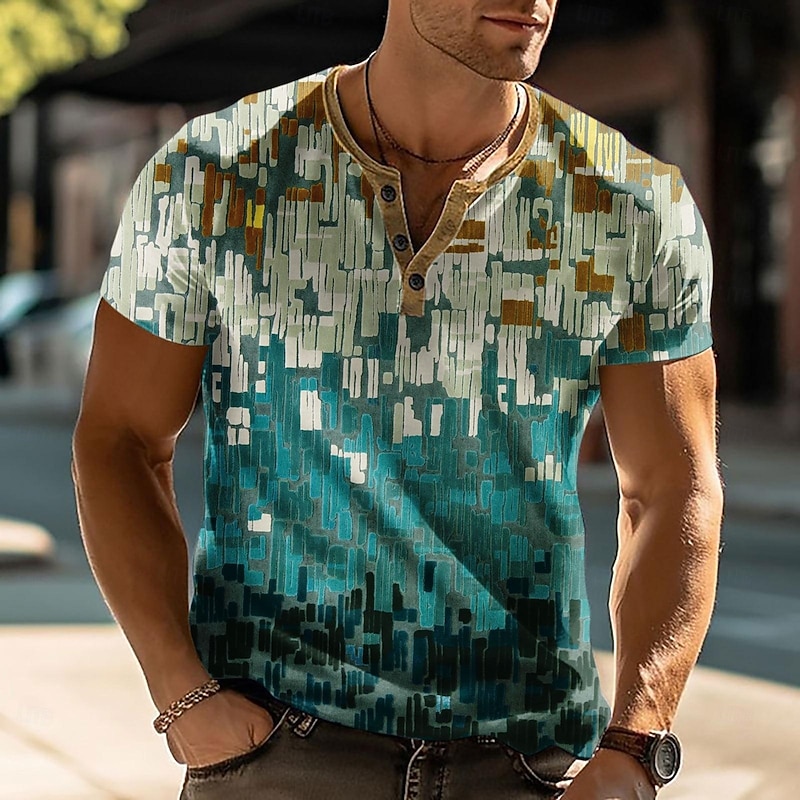 Men's Geometric Abstract T Shirt Henley Shirt Short Sleeve Designer Modern Casual Street Casual Daily Summer Spring Light Green Henley Henley T-Shirt