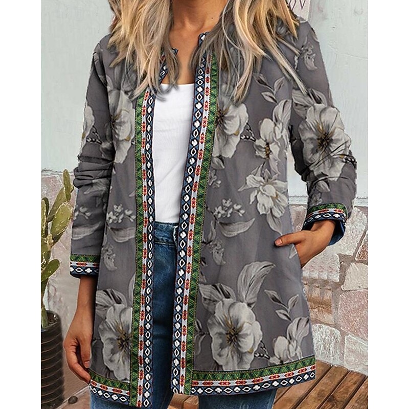 Women's Dressy Dusters Dressy Jackets Casual Jacket Street Going out Fall Winter Regular Coat Regular Fit Warm Comfortable Fashion Modern Jacket Long Sleeve Floral Pocket Blue Dark Blue Dark Gray3
