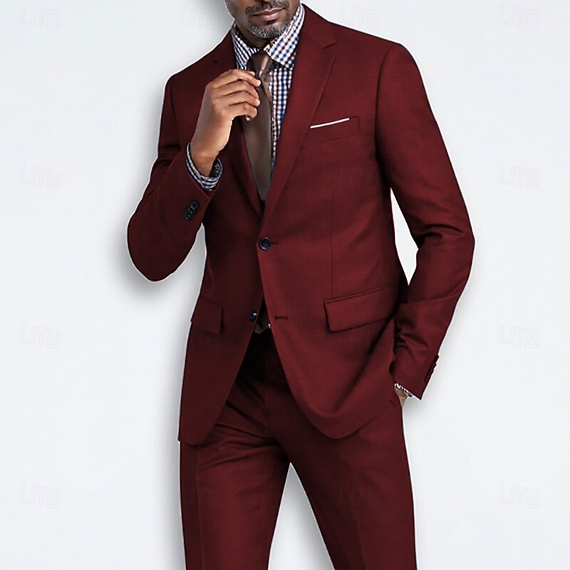 Men's Wedding Business Suits Notch Lapel Burgundy Navy Blue Formal WorkWear Solid Colored Standard Fit 2 Piece Single Breasted Two-buttons3