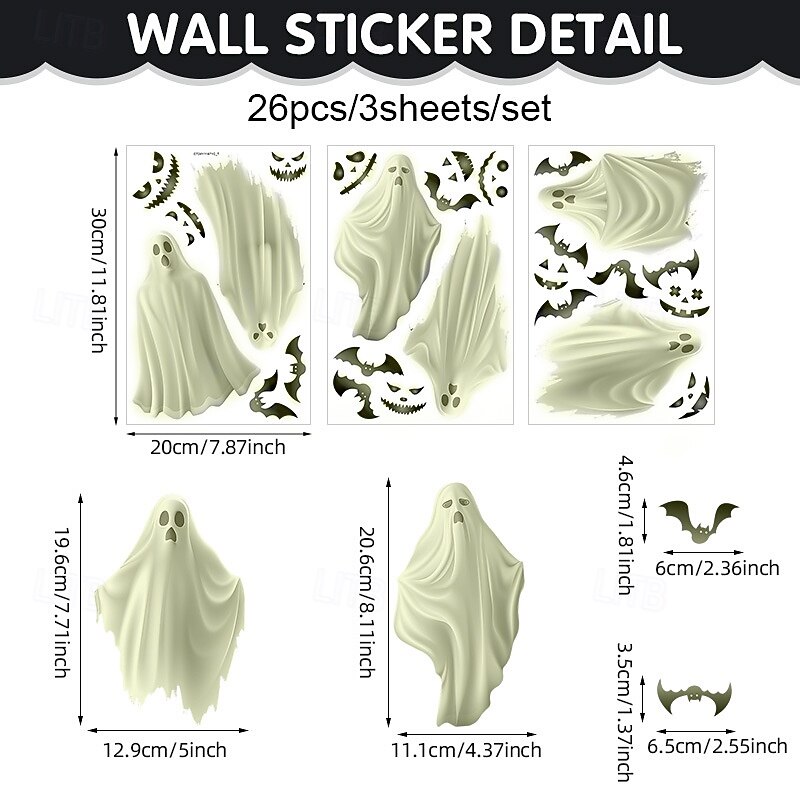 Halloween Glow-in-the-Dark Ghost Window Cling PVC Wall Stickers, White Luminous Ghost and Bat Decals for Halloween Party and Home Window Decor4