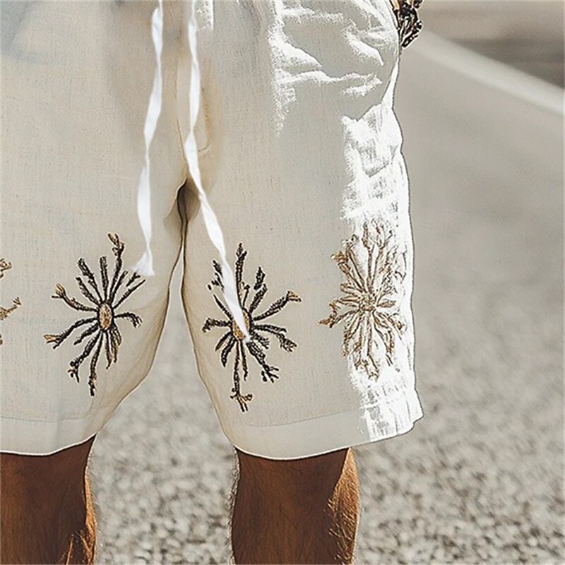 Men's Shorts Linen Shorts Summer Shorts Beach Shorts Drawstring Elastic Waist Plain Flower / Floral Comfort Breathable Knee Length Outdoor Daily Holiday Ethnic Style Retro Vintage White2