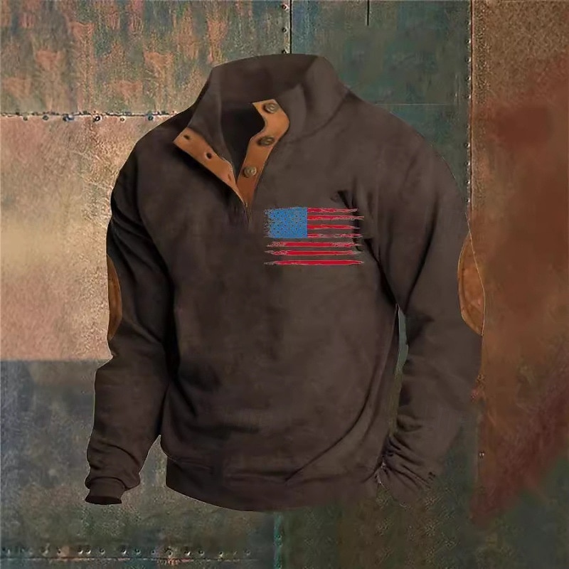 Men's Sweatshirt Black White Brown Khaki Gray Standing Collar Graphic American Flag Print Daily Holiday Going out Polyester Streetwear Casual Fall Winter Clothing Apparel Hoodies Sweatshirts  Long4