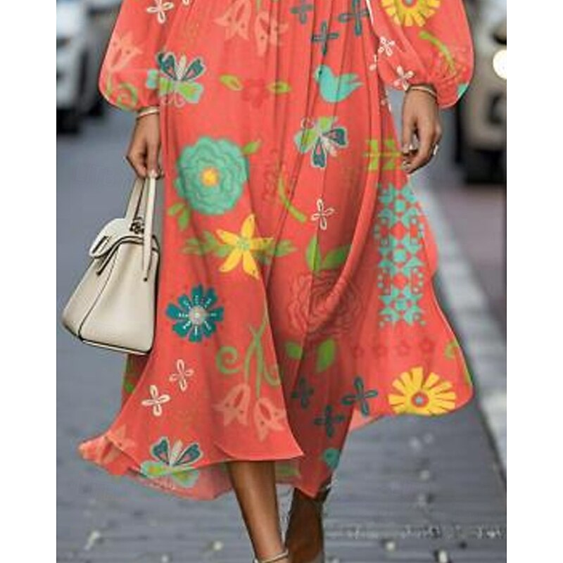 Women's Midi Dress Casual Dress Print Dress Elegant Fashion Outdoor Party Holiday Regular Fit Flower Long Sleeve V Neck Orange Summer Spring3