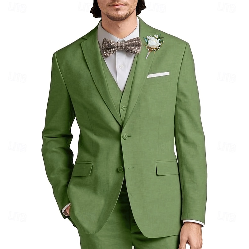 Men's Wedding Casual Linen Suits Notch Lapel Pink Sky Blue Fashion Formal Solid Colored Standard Fit 3 Piece Single Breasted Two-buttons