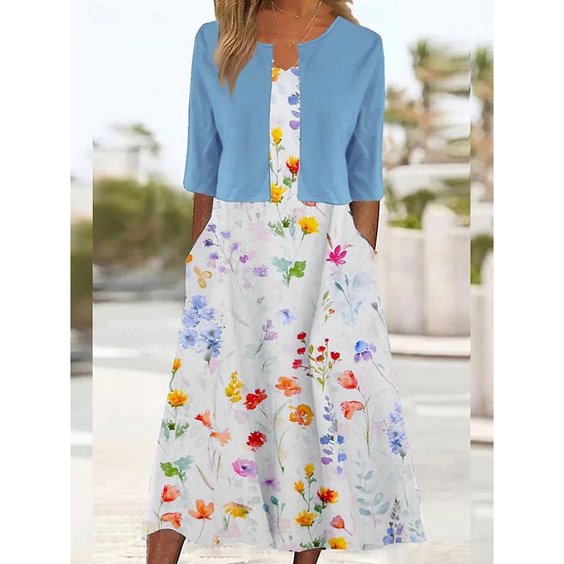 Women's Two Piece Dress Sets Midi Dress with Jacket Elegant A Line Dress Half Sleeve Party Semi Formal Floral Graphic Print V Neck Wedding Guest Daily White Blue Green Regular Fit3
