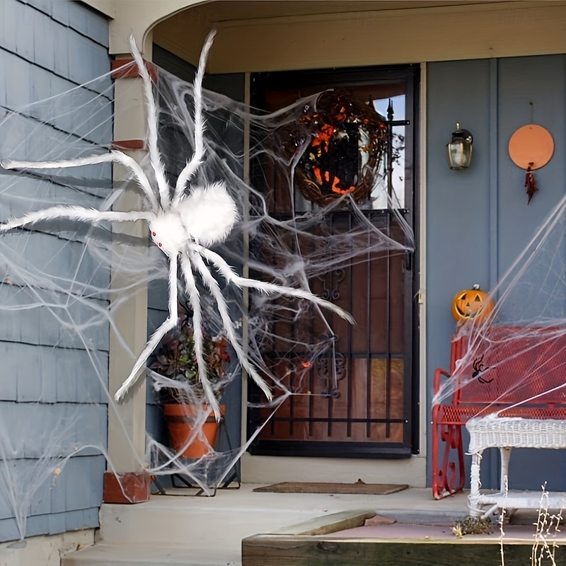 Giant 59-inch White Hairy Spider Realistic Polyester Fiber Halloween Decor Scary Indoor/Outdoor Prop for Christmas Thanksgiving Horror Theme Gift2