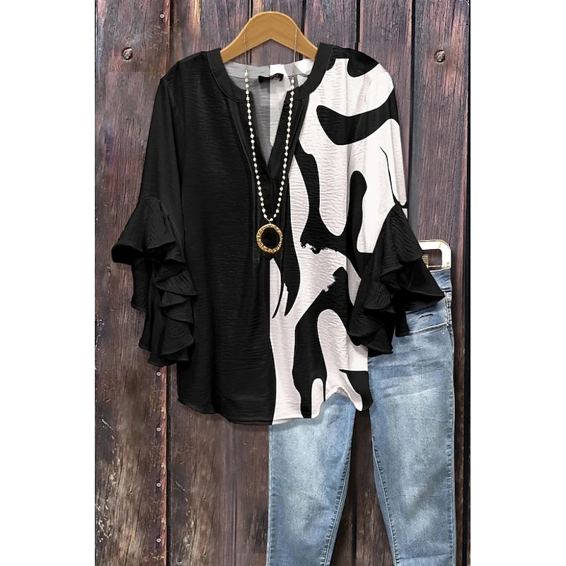 Women's Blouse V Neck Floral Graphic Geometric Bohemia Vintage Daily 3/4 Length Sleeve Flutter Sleeve Regular Tops Daily Holiday Vacation Wear Ruffle Print Black Pink Blue Orange Brown Summer Spring