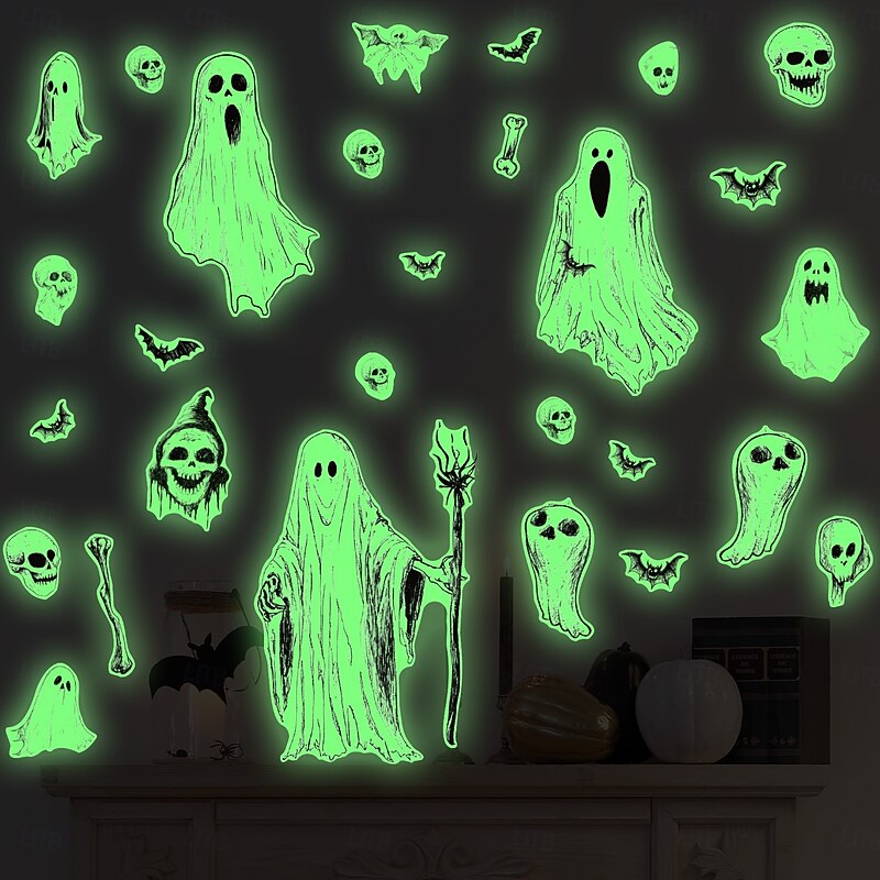 Halloween Wall Window Stickers Glow in the Dark, Scary Eyes Ghost Face Decals Fluorescent Luminous Clings for Day of the Dead Scene Wall Window Decorations