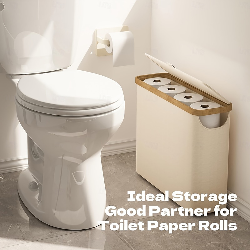 Toilet Paper Storage Basket with Lid, Bamboo Toilet Paper Storage Holder Stand Organizer for Bathroom, Toilet Paper Storage Box Container with Handle, Toilet Tissue Storage Bin for RV Closet3