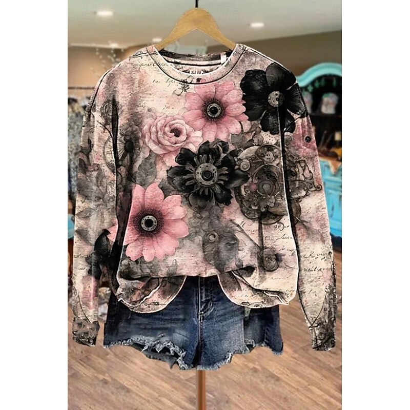 Women's Pullover Sweatshirt Floral Graphic Warm Active Vintage Long Sleeve Crew Neck Regular Tops Street Dailywear Casual Print Black Pink Blue Green Spring Fall Winter2