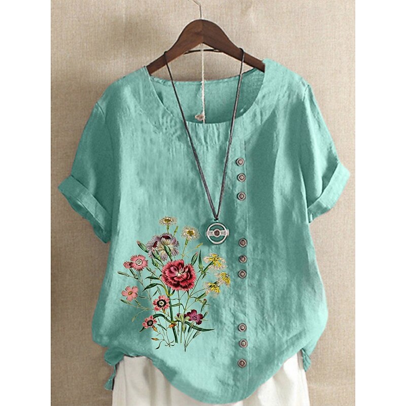 Women's Cotton Linen Shirts Floral Graphic Elegant Daily Basic Short Sleeve Crew Neck Regular Tops Daily Holiday Vacation Wear Buttons Grass Green White Yellow Army Green Navy Blue Summer4