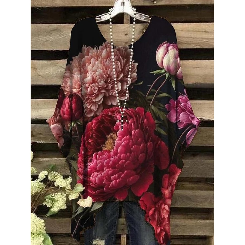 Women's Boho Shirt Floral Graphic Elegant Bohemia Tropical Short Sleeve Batwing Sleeve Crew Neck Regular Tops Daily Holiday Beach Wear Black Yellow Pink Blue Beige Summer Spring