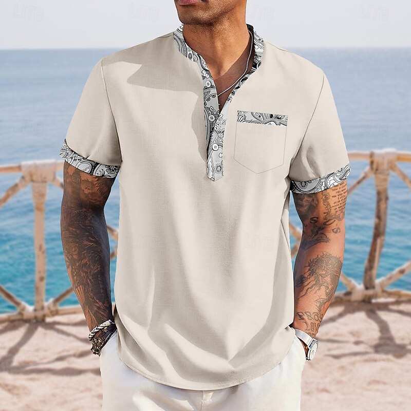 Men's Paisley Ethnic Shirt Henley Shirt Stand Collar Shirt Short Sleeve Vintage Retro Vacation Daily Summer Spring Mandarin Collar Band Collar Buttons Front One Pocket Linen Like Shirt Pink Blue3