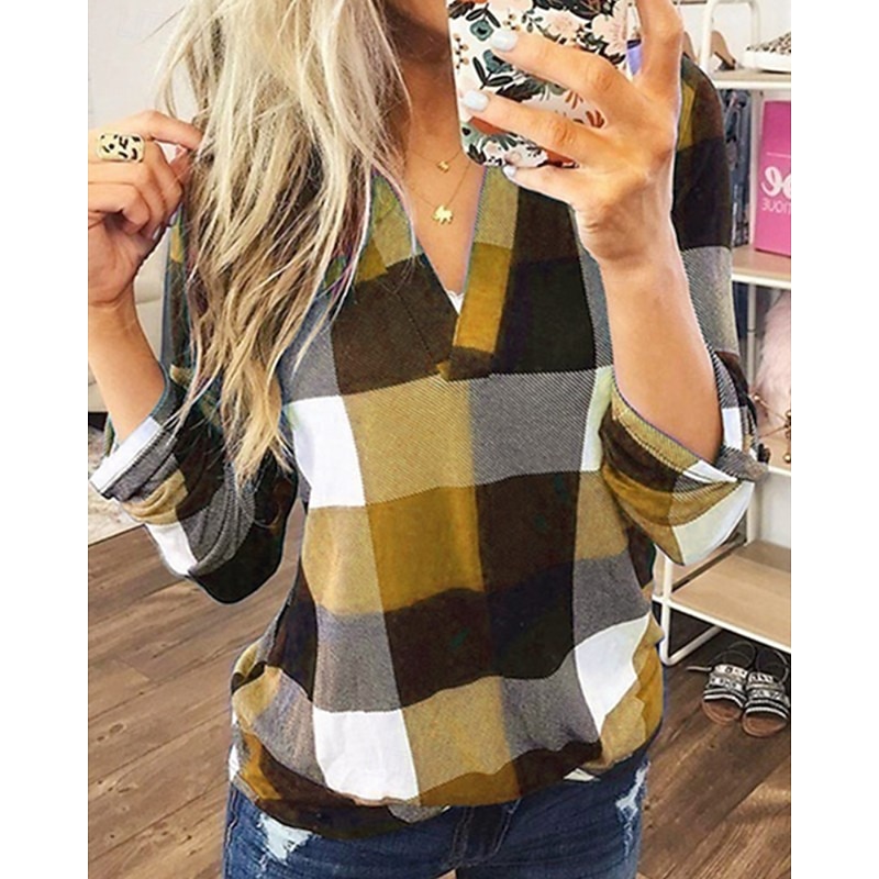 Women's Shirt Blouse Plaid Modern Casual Long Sleeve V Neck Regular Tops Holiday Going out Yellow Red Purple Orange Green Fall