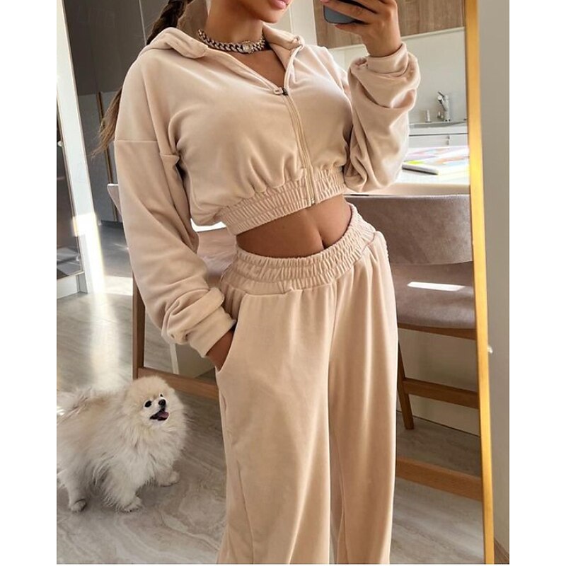 Women's Tracksuit Sweatpants Wide Leg Pants Cropped Zipper Pocket Solid Colored Clothing Suit Fall Black White Gym Athleisure Running Thermal Warm Windproof Long Sleeve Sport Activewear Stretchy