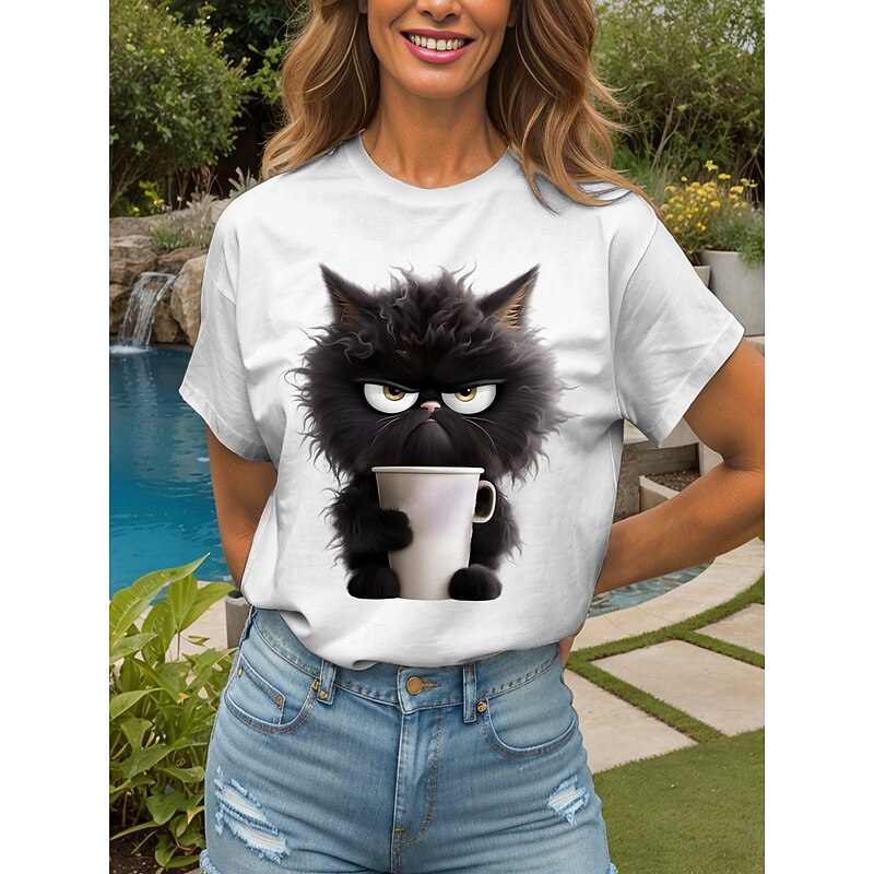 Women's T Shirt Graphic Animal Cat Vintage Stylish Classic Short Sleeve Crew Neck Round Neck Regular Tops Daily Weekend Print Black White Pink Red Blue Summer Spring