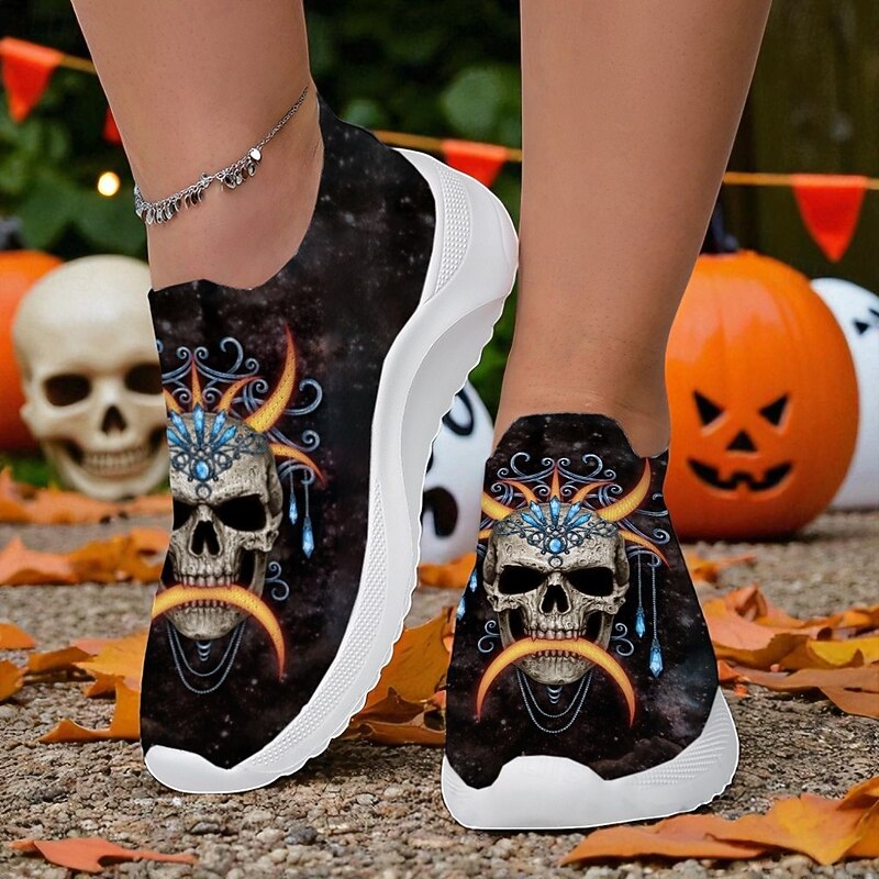 Women's Halloween Slip-On Sneakers – Black Flyknit Comfort Shoes with Vampire Lips and Skull Print for Costume Parties, Trick-or-Treating and Casual Fall Wear Sarah Richter2