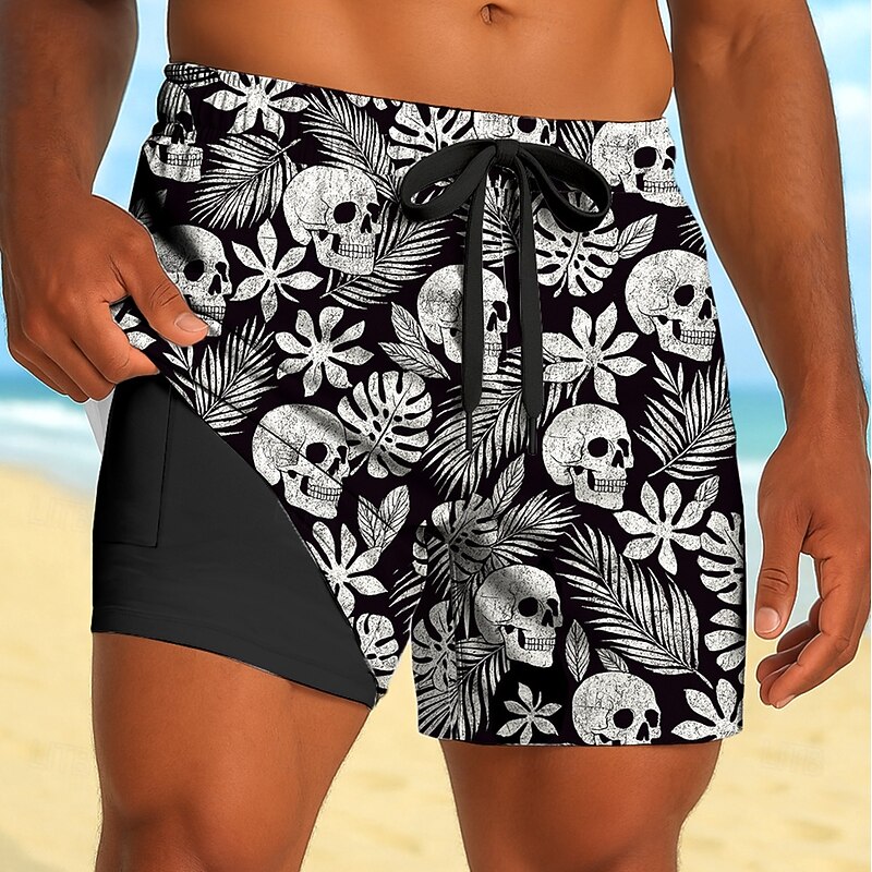 Men's Tropical Plants Skulls Flowers Lined Shorts 2 in 1 Board Shorts Swim Shorts Mid Waist Hawaiian Beach Vacation Wear Side Pockets With Compression Liner Elastic Drawstring Waist Designer Clothing