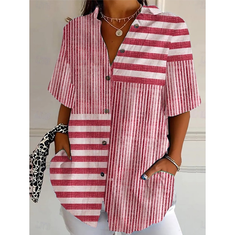 Women's Shirt Long Sleeve Button Down Blouse Graphic Geometric Striped Vintage Stylish Modern Short Sleeve Shirt Collar Regular Tops Daily Light Green Red Blue Purple Orange Summer Spring2