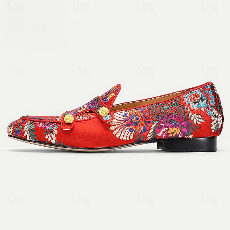 Men's Red Premium Cowhide Mules with Floral Embroidery and Buckle Detail – Fashionable Slip-Ons for Evening Parties, Weddings and Formal Gatherings3