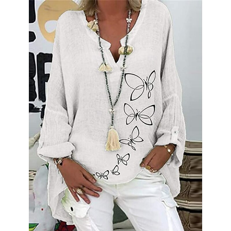 Women's Cotton Linen Shirts Butterfly Basic Casual Long Sleeve Shirt Collar Regular Tops Daily Print White Pink Navy Blue Purple Green Summer Fall3