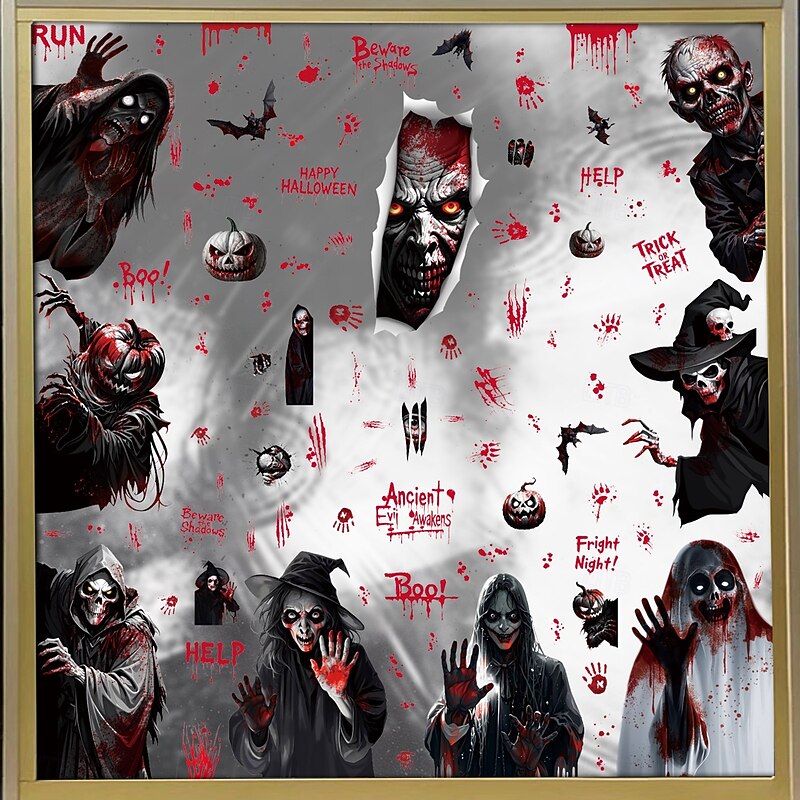 9 Sheets Halloween Static Window Clings Stickers, Grim Reaper, Ghost, Bat and Skeleton Glass Decals, Removable Halloween Party Decorations for Windows and Storefronts