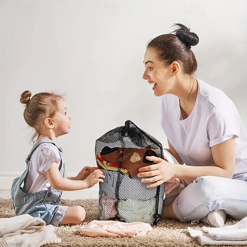 6 Pack Durable Nylon Mesh Drawstring Bags, Leak-Resistant Polyester Closure, Multipurpose Storage for Groceries, Sports Gear, Kids Toys, Snacks, Beach, Camping & Travel Laundry2