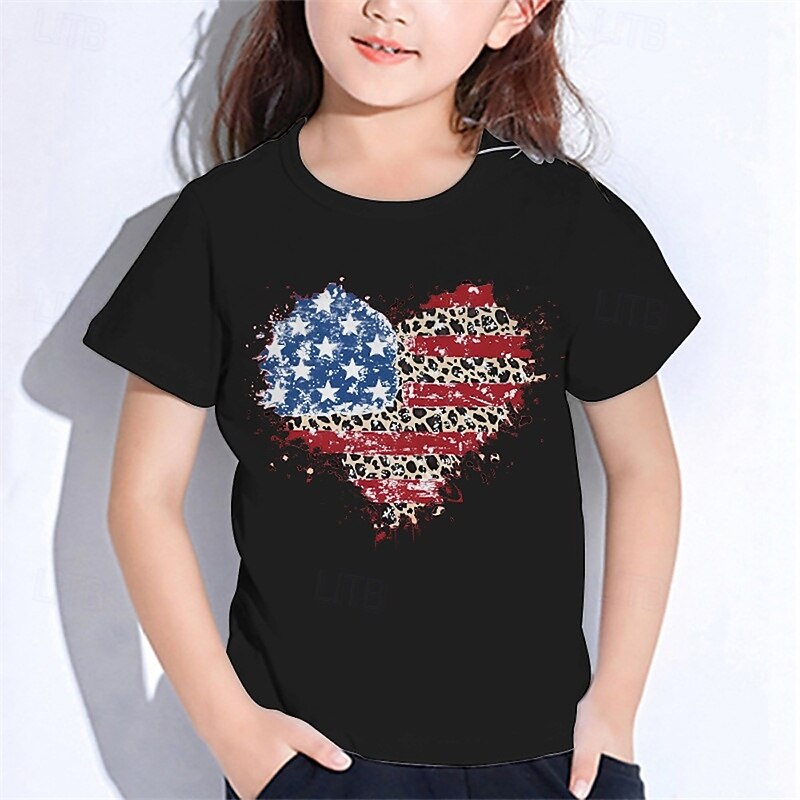 American Independence Day Girls' 3D Flag T shirt Tee Short Sleeve Summer Spring Fashion Basic Kids 4-12 Years Crew Neck Outdoor Casual Daily Regular Fit2
