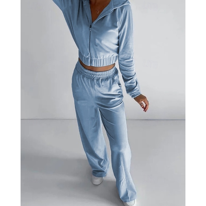 Women's Tracksuit Sweatpants Wide Leg Pants Cropped Zipper Pocket Solid Colored Clothing Suit Fall Black Blue Spandex Gym Athleisure Running Thermal Warm Windproof Long Sleeve Sport Activewear3