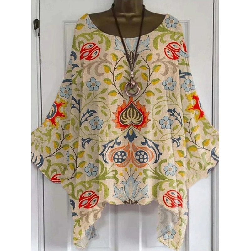 Women's Boho Shirt Floral Graphic Elegant Bohemia Active Short Sleeve Batwing Sleeve Boat Neck Regular Tops Daily Holiday Beach Wear Yellow Pink Blue Khaki Beige Summer Spring2