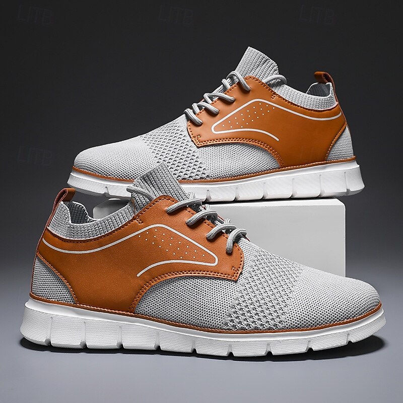 Men's Gray Knit Sneakers with Faux Leather Patch Lightweight Breathable Casual Walking Shoes Ideal for Spring Travel and Daily Wear3