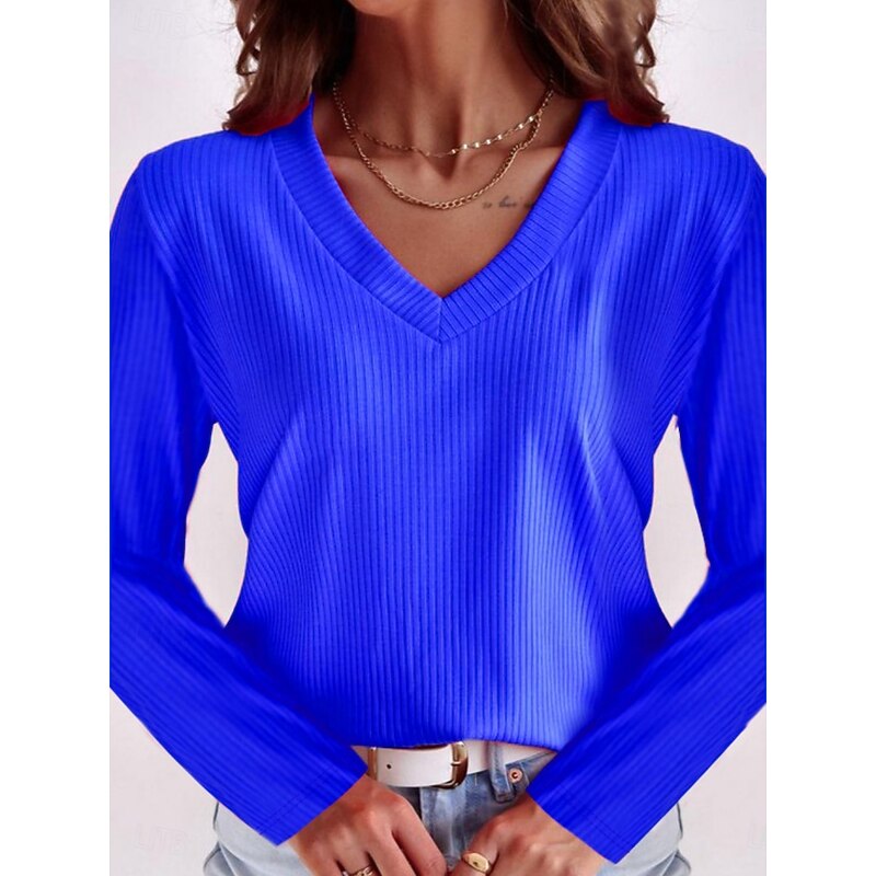 Women's Blouse Solid Color Basic Casual Long Sleeve V Neck Regular Tops Daily Blue Fuchsia Light Blue Summer Spring2