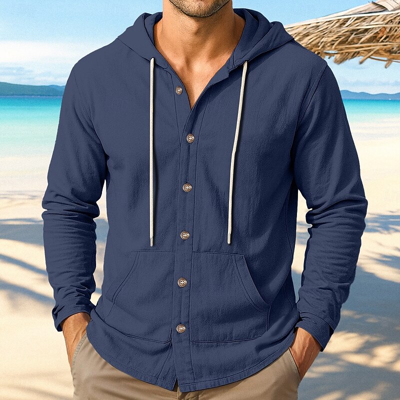 Men's Shirt Linen Shirt Summer Shirt Beach Wear Hooded Shirt Untucked Shirts Solid Color Vacation Street Black White Navy Blue Green Long Sleeve Hoodie Summer Spring Clothing Apparel Hooded3