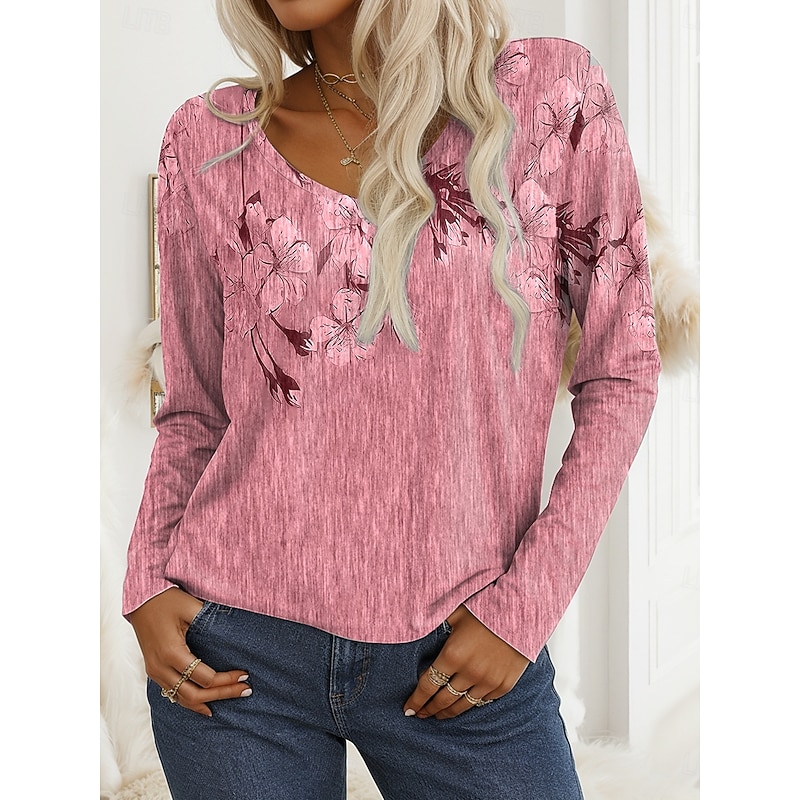 Women's T Shirt V Neck Long Sleeve Tunic Floral Graphic Plants Vintage Stylish Casual Regular Tops Daily Weekend Print Pink Blue Orange Spring Fall4