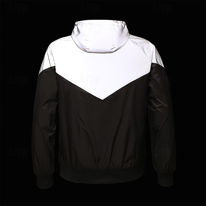 Men's Reflective Jacket Sports & Outdoor Sport Reflective Windbreaker Pocket Hooded Spring &  Fall All Seasons Solid Color Active Fashion Hoodie Regular Gray Jacket2