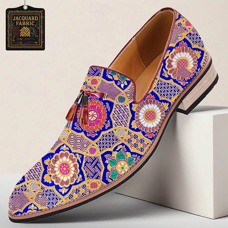 Men's Jacquard Fabric Loafers with Moroccan Floral Pattern, Faux Leather Sole, Artistic Slip-On Dress Shoes for Groomsmen, Performers and Cultural Events