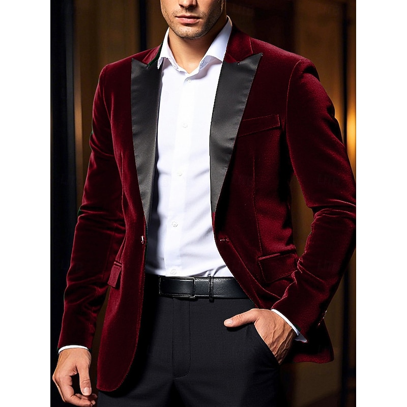 Men's Velvet Blazer Jacket Party Tuxedos Warm Vintage Fall Winter Solid Color Pocket Classic Single Breasted One-button Blazer Black Red Blue Green