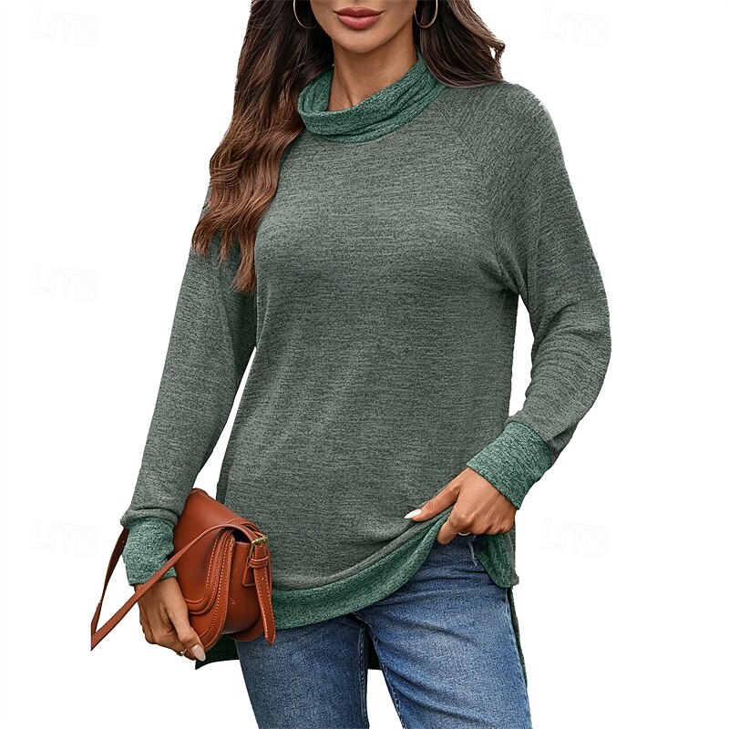 Women's T Shirt Color Block Casual Long Sleeve Turtleneck Regular Tops Daily Weekend Patchwork Black Army Green Navy Blue Blue Brown Fall4