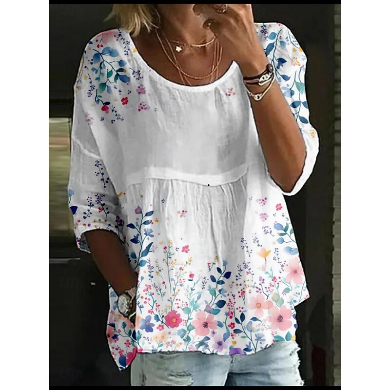 Women's Blouse Floral Stylish 3/4 Length Sleeve Crew Neck Regular Tops Daily Holiday Print White Yellow Light Green Pink Blue Summer4