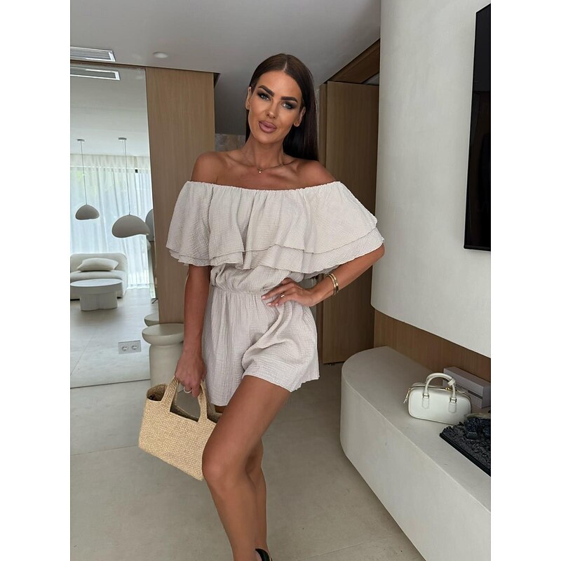 Women's Romper Stylish Solid Color Short Sleeve Off Shoulder Ruffle Backless Daily Going out Regular Fit Black Green Apricot Summer