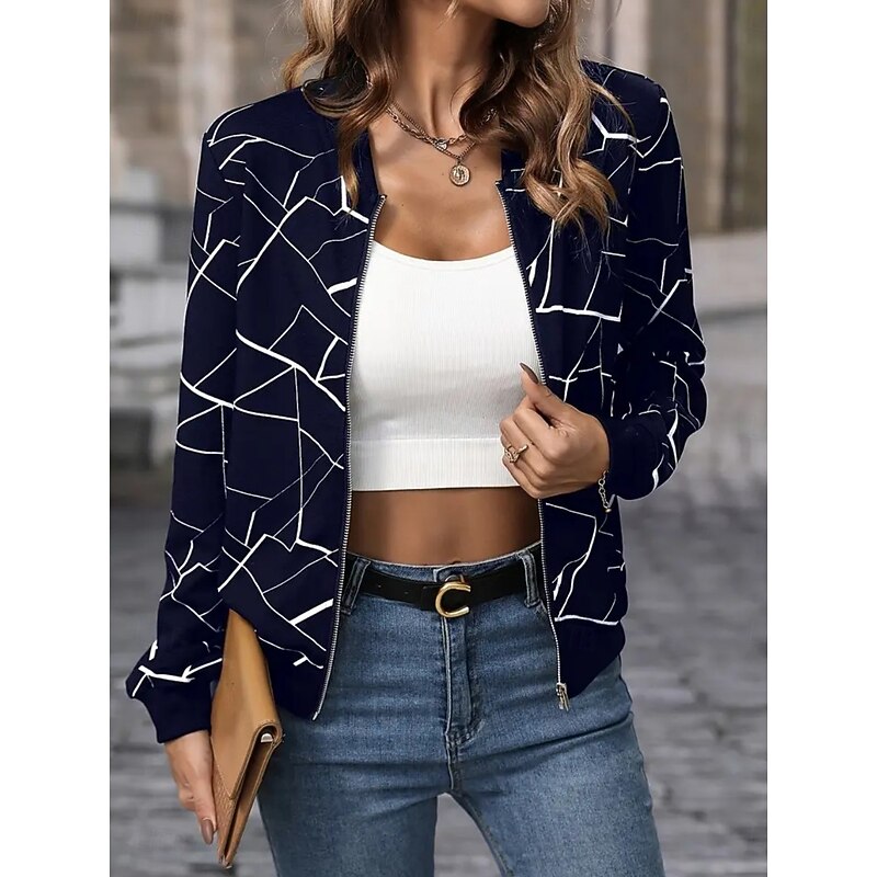 Women's Bomber Jacket Comfortable Breathable Zipper Print Casual Geometric Vacation Street Casual Daily Wear Zipper Regular Stand Collar Regular Fit Long Sleeve Outerwear Black Wine Navy Blue Spring4