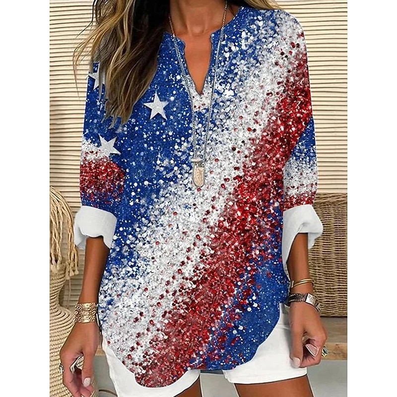 Women's Blouse Tunic V Neck Long Sleeve Boho Casual Patriotic Graphic Flag Vintage Tropical Regular Tops Daily Wear Print Red Blue2