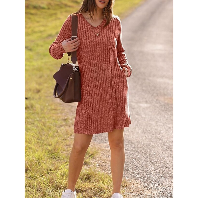 Women's Mini Dress Sweater Dress Casual Casual Regular Fit Plain Long Sleeve V Neck Black Brown Green Gray Fall Winter3